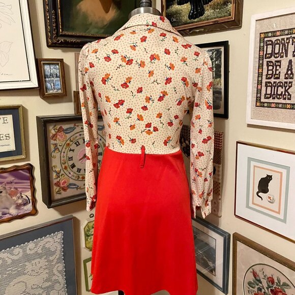 70s Vintage Groovy Marcia Brady Red Floral Knee Length Long Sleeve Dress M/L - Picture 4 of 5